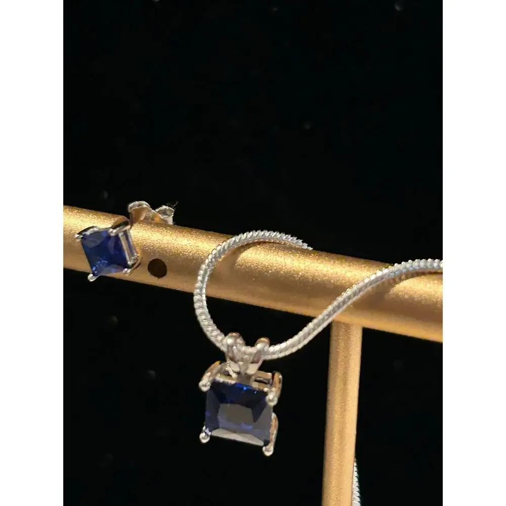925 Sterling Silver Blue Sapphire CZ Necklace Earring Set 20